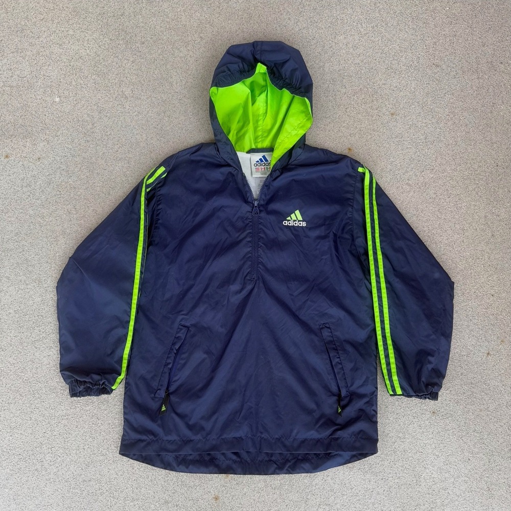 Adidas Vintage Mens Medium Windbreaker - Navy Blue-Neon Green 3-Stripe